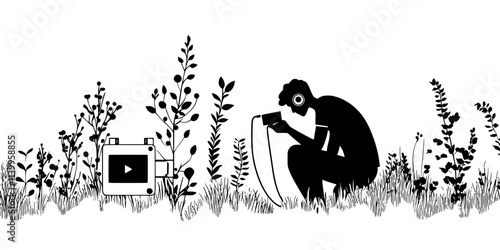 Individual adjusting settings on a field recorder in nature, Vector Graphic