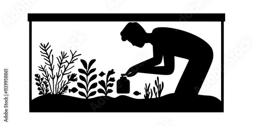 Person adding fertilizer to a planted aquarium to support healthy plant growth, Vector Graphic