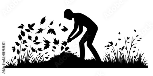 Individual collecting leaves to add to a compost pile in the backyard, Vector Graphic