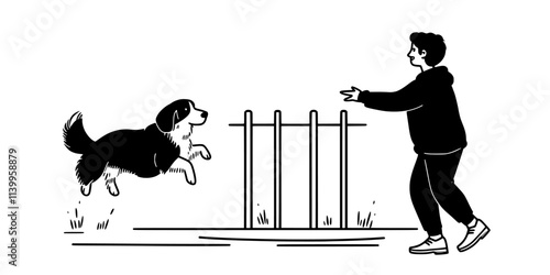Individual directing a dog to weave through poles during an agility training session, Vector Graphic