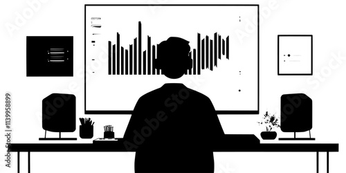 Individual editing sound waves on a screen in a personal studio, Vector Graphic