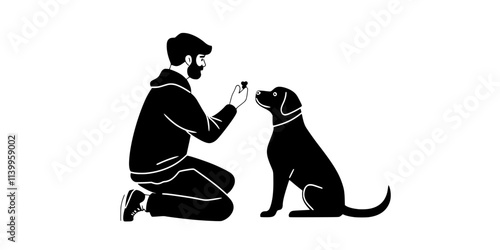 Individual holding a treat while guiding a dog into a proper sitting position, Vector Graphic