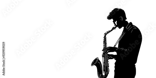 Individual playing saxophone into a microphone during a recording session, Vector Graphic