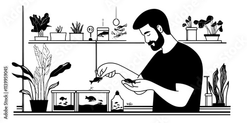 Individual preparing live food cultures for feeding newly hatched fish fry, Vector Graphic