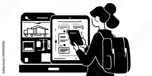 Individual reviewing accommodation options on a travel website using a mobile phone, Vector Graphic