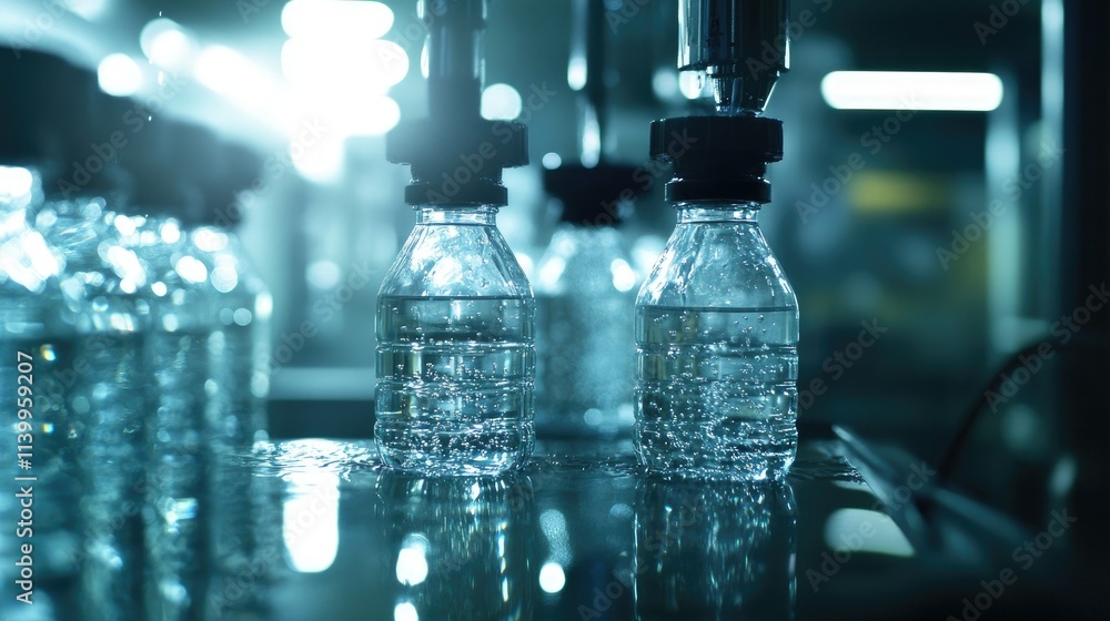 Close-up of bottles being filled with clear water on a high-speed bottling line in a brightly lit production facility. Close-up of bottles being filled with clear water on a high-speed bottling line in a brightly lit production facility.