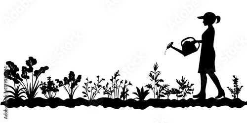 Individual watering a vegetable garden located in the front yard landscaping, Vector Graphic