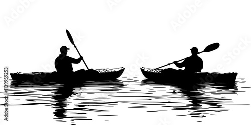 Participants launching kayaks at dawn for a day of fishing in open waters, Vector Graphic