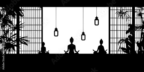 Individuals meditating quietly in a peaceful room with minimal distractions, Vector Graphic