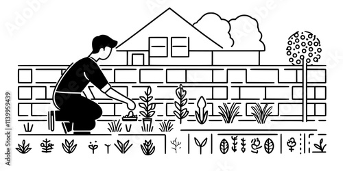 Man setting up a pollinator garden along the perimeter of a backyard, Vector Graphic