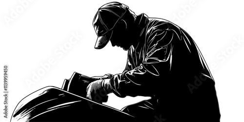 Metal artist smoothing rough edges of a sculpture with a grinder, Vector Graphic