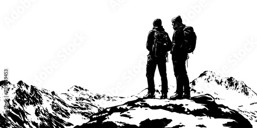Mountaineer reviewing safety protocols before attempting a summit climb in cold conditions, Vector Graphic