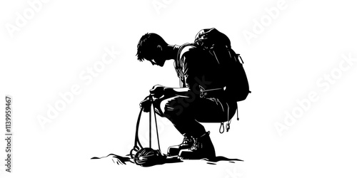 Mountaineer adjusting harness and securing safety gear before starting a climb, Vector Graphic