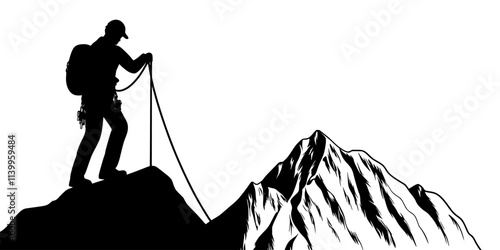 Mountaineer inspecting climbing ropes before beginning an ascent up a steep mountain, Vector Graphic