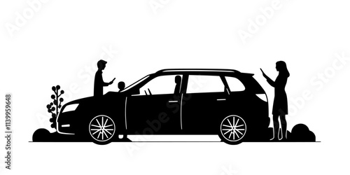Parent booking a rental car for a family trip using a mobile phone, Vector Graphic