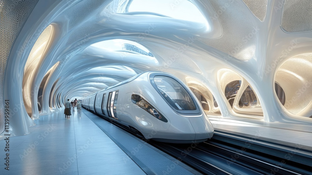 Fototapeta premium Futuristic Train Arriving at Modern Architectural Station