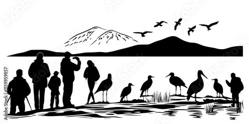 Participants organizing day-long outings to hotspots known for hosting rare bird species, Vector Graphic