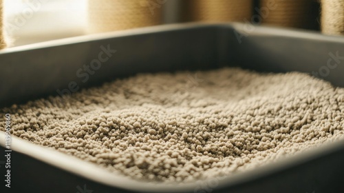 Close-up of clumping cat litter texture inside an empty litter box with soft lighting. photo