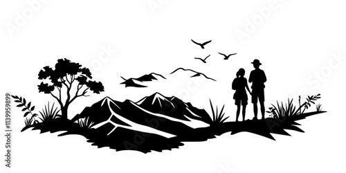 Participants pausing at a scenic lookout point along a long-distance hiking trail, Vector Graphic