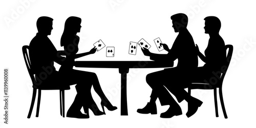 People sitting around a table, exchanging cards and advancing game pieces in a calculated manner, Vector Graphic