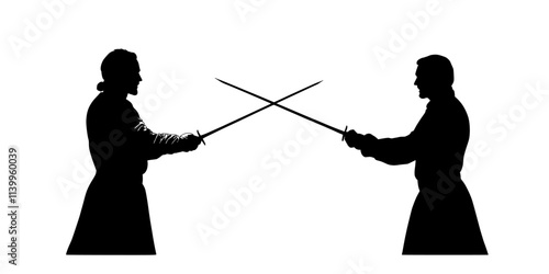Performers practicing sword fighting scenes for a Shakespeare play, Vector Graphic