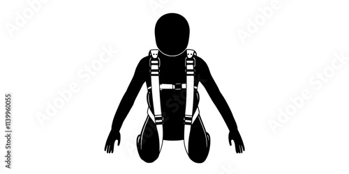 Person adjusting harness straps while preparing for a tandem skydiving experience, Vector Graphic