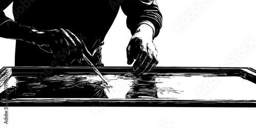 Person applying water and ink onto a lithographic stone to create a print, Vector Graphic