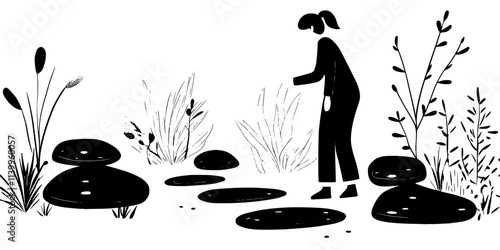 Person arranging large stones to form a pathway in a garden, Vector Graphic