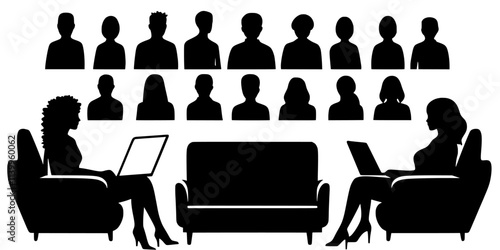 Person booking accommodation for a large group online using a laptop, Vector Graphic