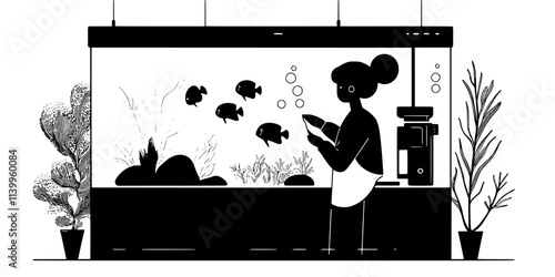 Person adjusting the protein skimmer in a saltwater tank for optimal performance, Vector Graphic