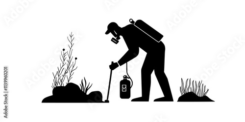 Person inspecting regulator and breathing apparatus before starting an underwater exploration, Vector Graphic
