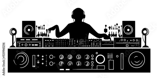 Person managing audio levels during a live music event from the sound booth, Vector Graphic