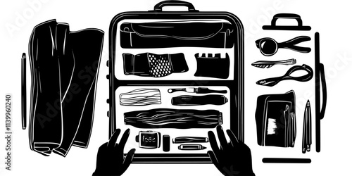 Person packing a suitcase with clothes and travel essentials for an upcoming trip, Vector Graphic