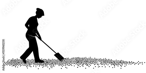 Person raking gravel to create an even surface for a garden pathway, Vector Graphic