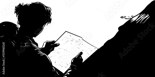 Person reading a topographic map to assess the route for a mountaineering trip, Vector Graphic