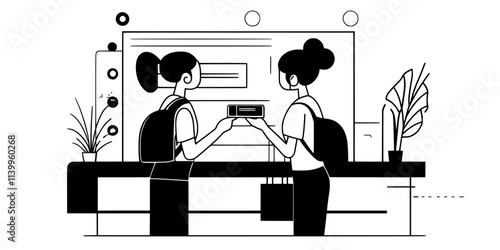 Person purchasing a single entry museum ticket while on vacation, Vector Graphic