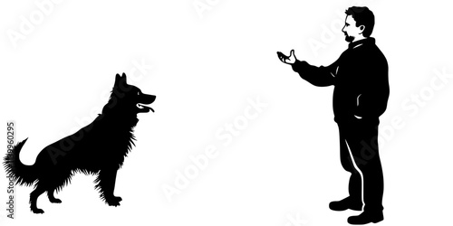 Person practicing how to direct a dog to search for a scent in a large outdoor space, Vector Graphic