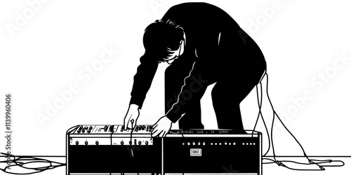 Person setting up amplifiers for a live rock band performance, Vector Graphic