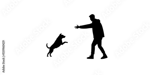 Person teaching a dog to spin using a hand signal, Vector Graphic