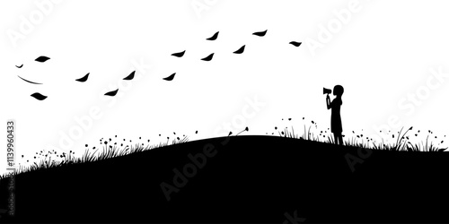 Person standing on a hill recording wind sounds for creative use, Vector Graphic