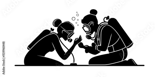 Person securing a diving mask and adjusting straps before starting a scuba diving session, Vector Graphic