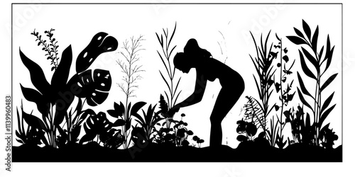 Person trimming overgrown aquatic plants in a densely planted aquarium, Vector Graphic
