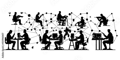 Players managing resources while directing troops during an ongoing virtual strategy game, Vector Graphic
