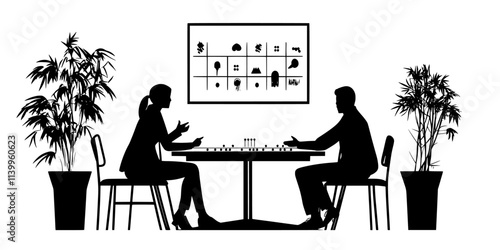 Players discussing their approach to capturing key areas on the board before proceeding, Vector Graphic