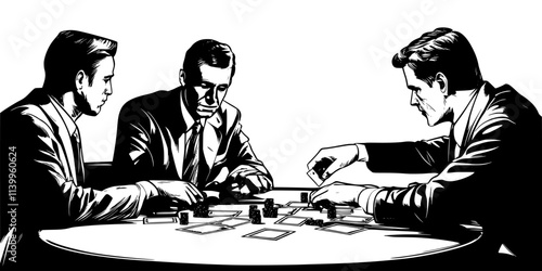 Players around a table adjusting their tokens, thinking about how best to complete game objectives, Vector Graphic