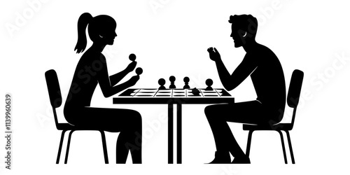Players taking turns placing game pieces on a board while discussing their individual strategies, Vector Graphic