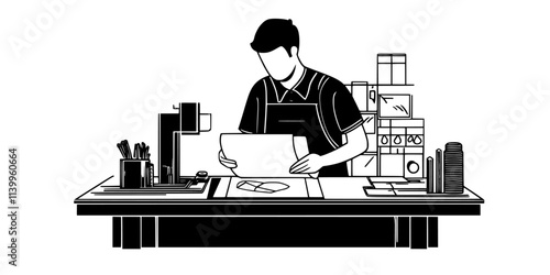 Printmaker aligning the woodblock with paper for precise image transfer, Vector Graphic