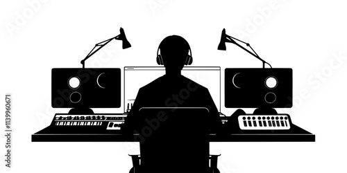 Producer composing tracks using software instruments on a laptop, Vector Graphic