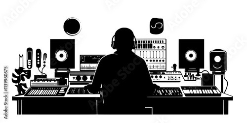 Producer arranging instruments on a digital interface during a session, Vector Graphic