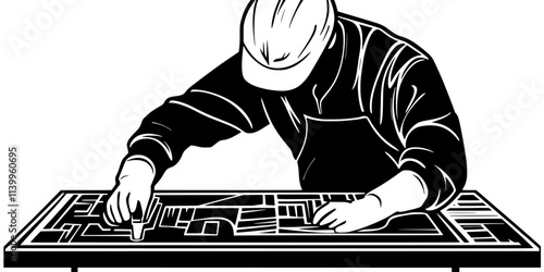 Printmaker etching detailed designs into a metal plate using specialized tools, Vector Graphic
